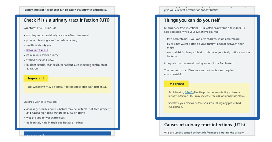 Illustration highlighting symptoms and self-care content modules within the urinary tract infections topic on the NHS website