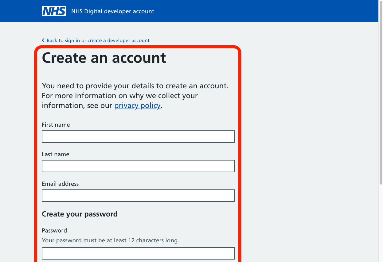 A screenshot of the 'Create an account' page on the NHS Developer and Integration hub. The 'Create an account' form is emphasised with a red border.