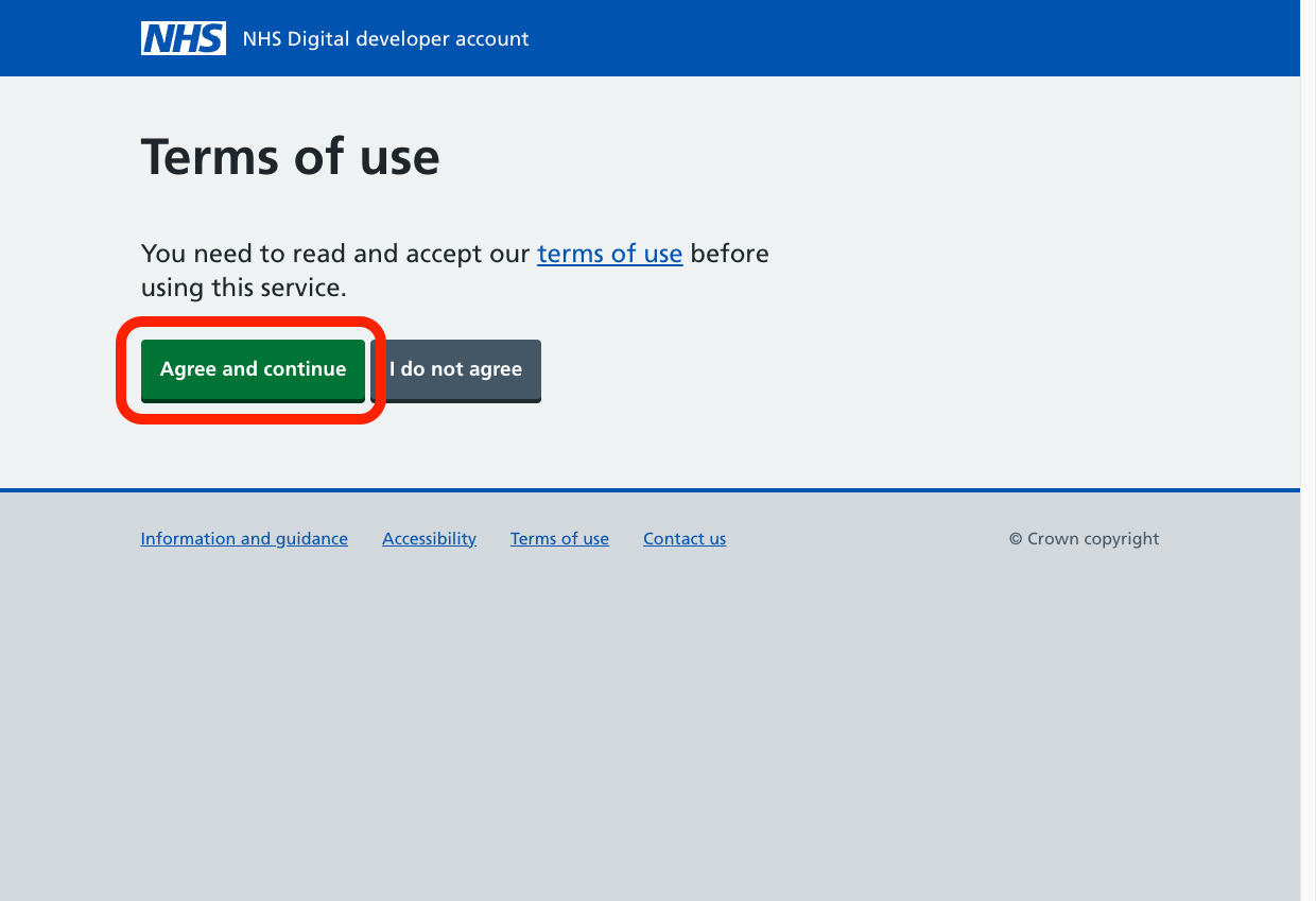 A screenshot of the 'Terms of use' page from the NHS Developer and integration hub. The button named 'Agree and continue' is emphasised with a red border