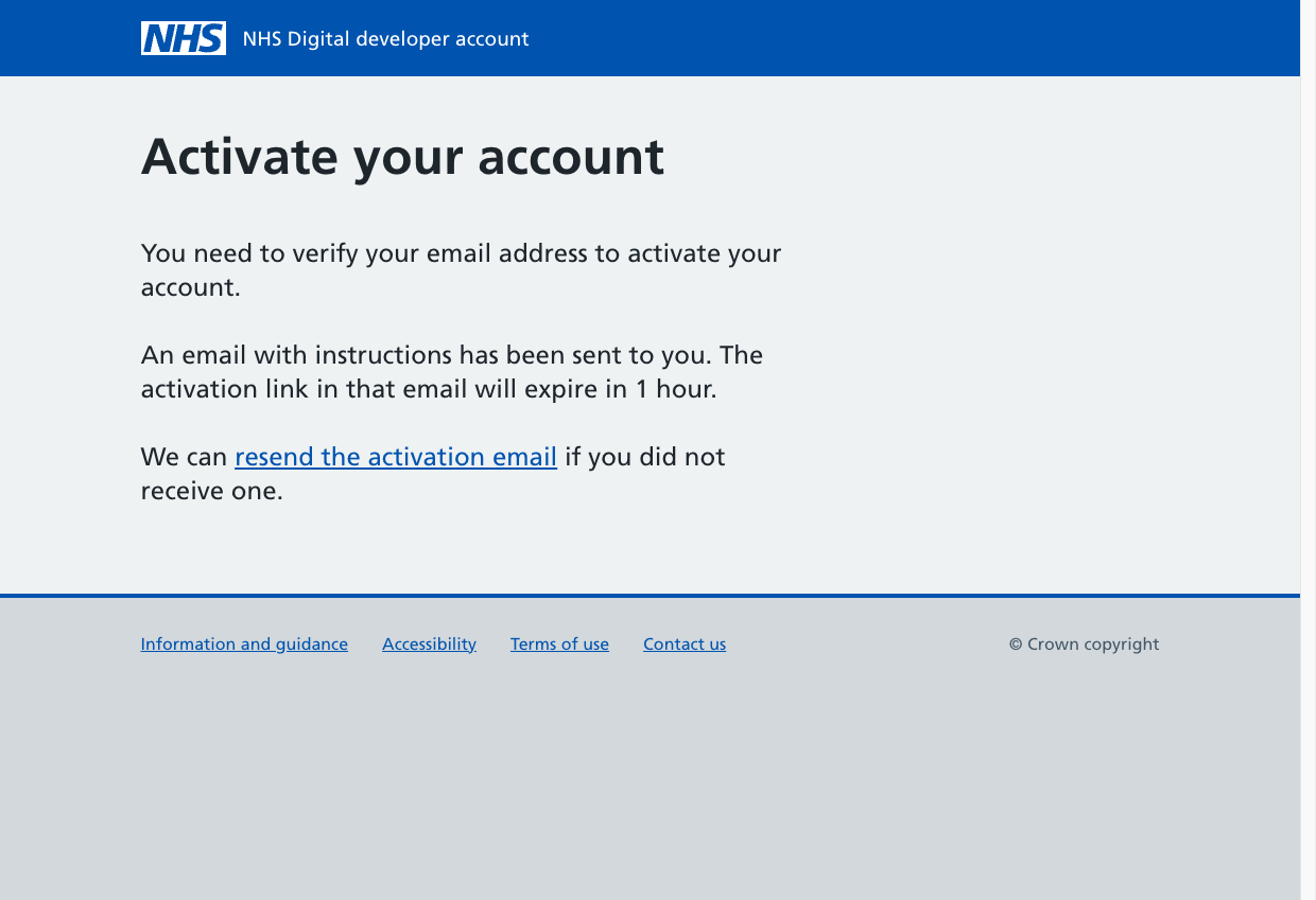 A screenshot of the 'Activate your account' page from the NHS Developer and Integration Hub