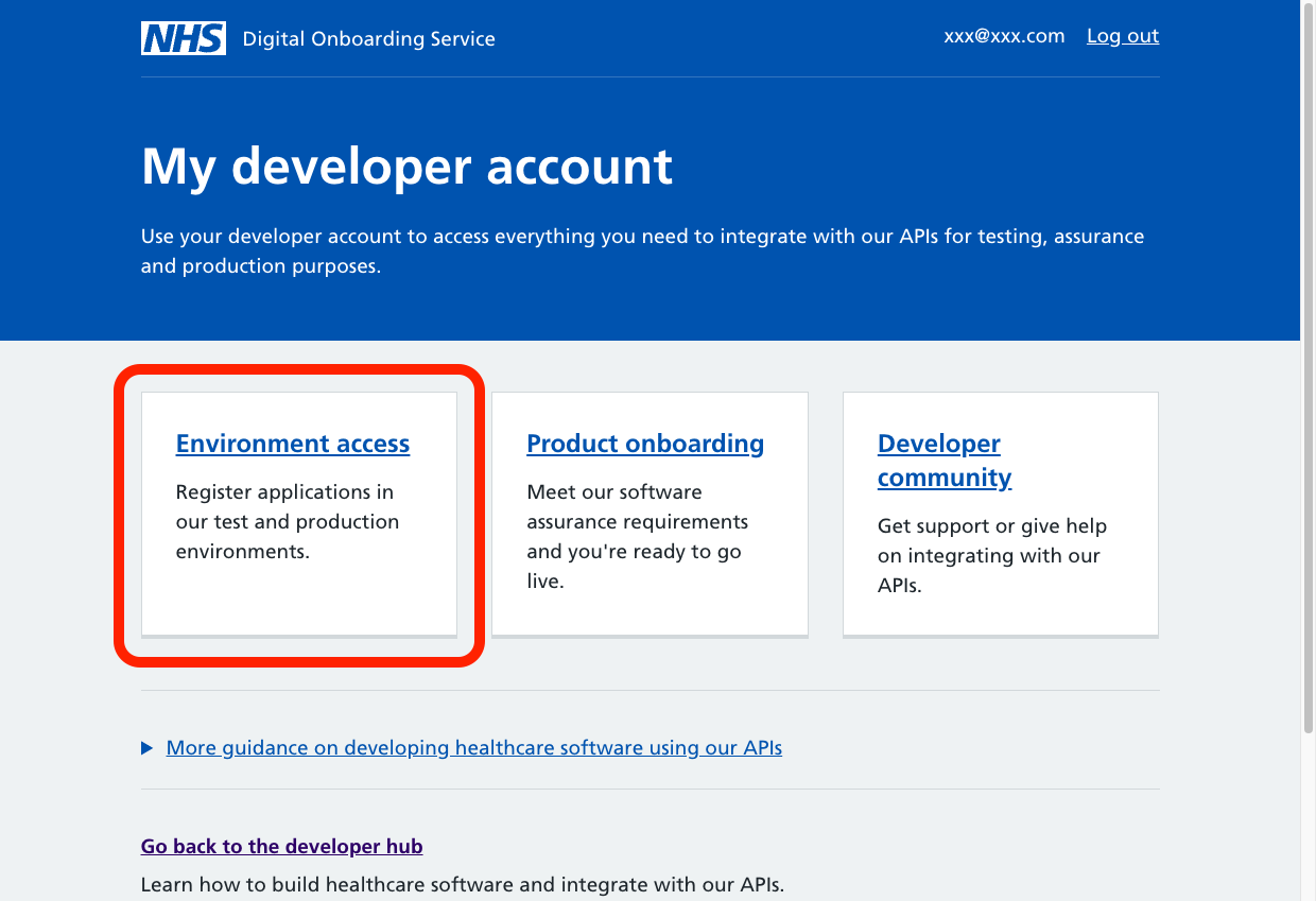 A screenshot of the 'My Developer Account' page, the 'Environment access' tab is emphasised with a red border