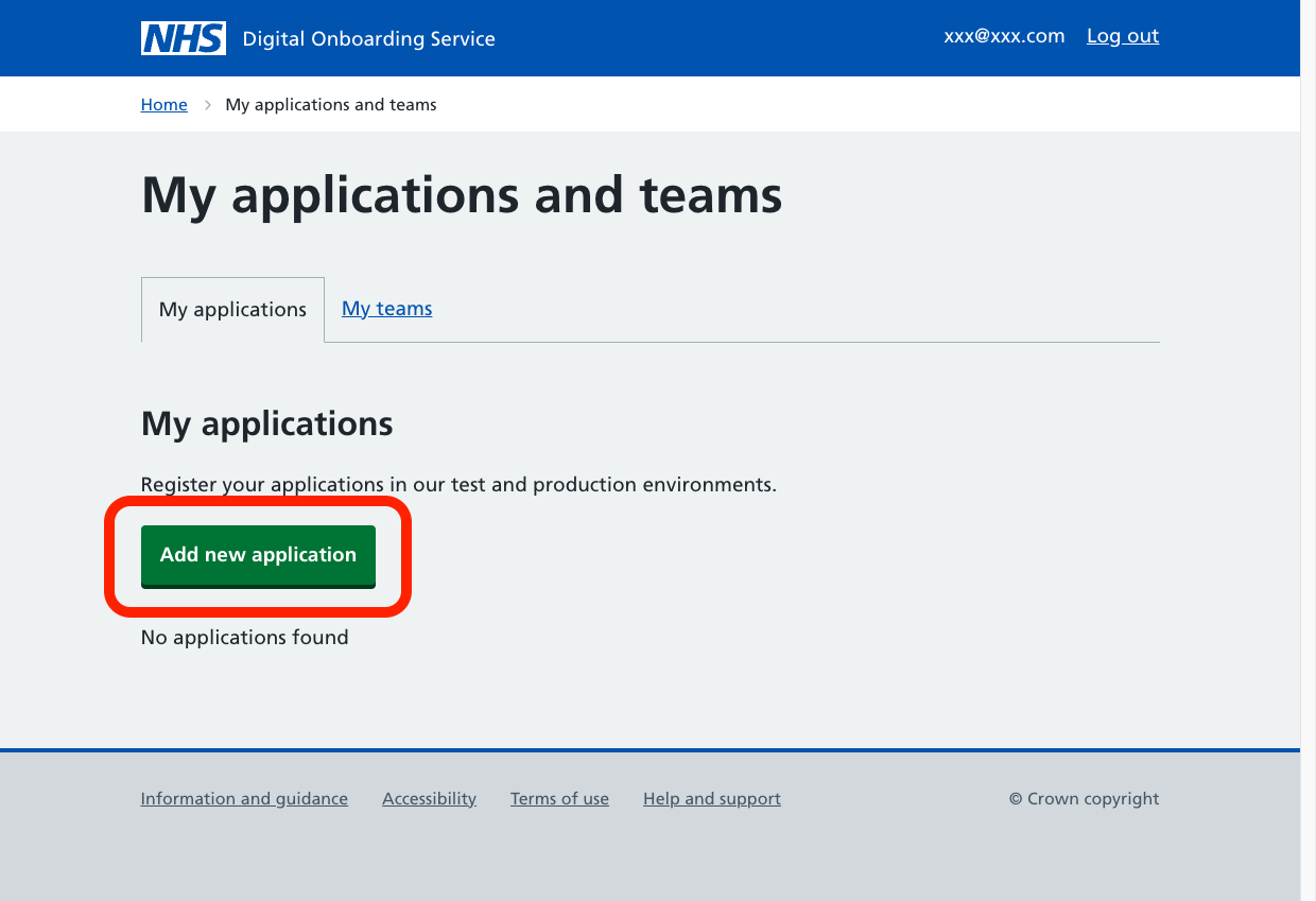A screenshot of the 'My applications and teams' page. The clickable box 'Add new application' is emphasised with a red border