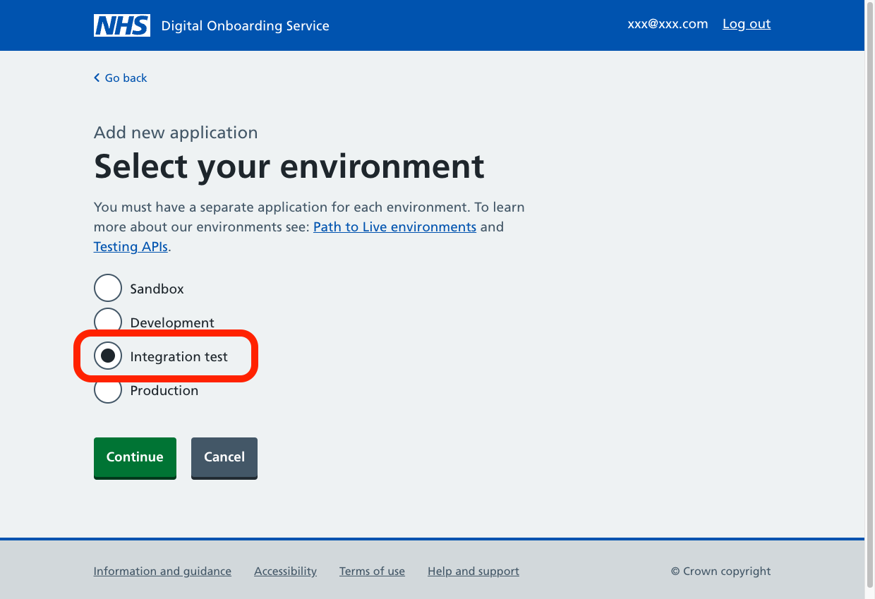 A screenshot of the 'Select your environment' page, the radio button 'Integration test' is emphasised with a red border