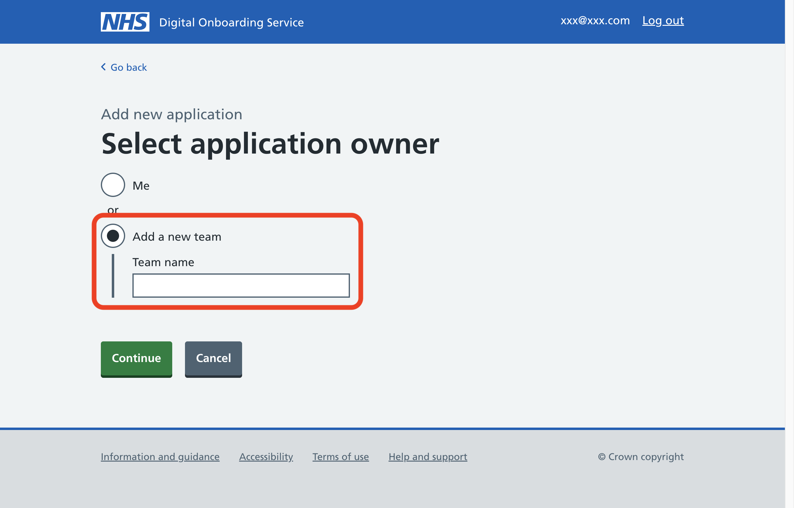 Screenshot of the 'Select application owner' page, the radio button 'Me' is emphasised with a red border
