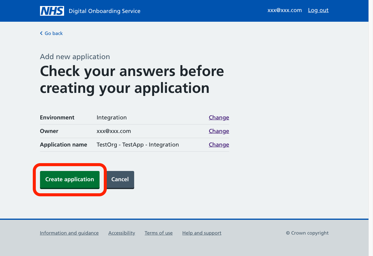 A screenshot of the 'Check your answers before creating your application' page. A table shows the environment, owner and application name that your have selected, then a link to change details.