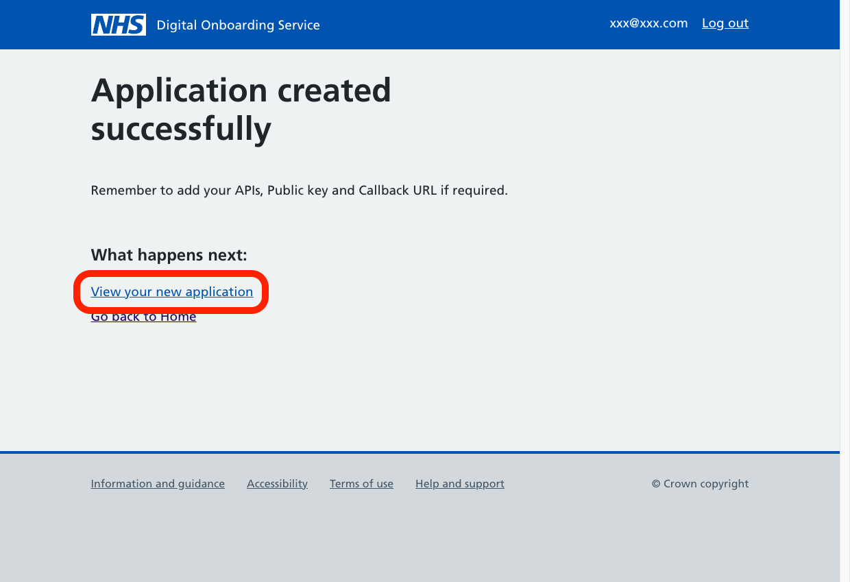 A screenshot of the 'Application created successfully' page, the link 'View your new application' is emphasised with a red border