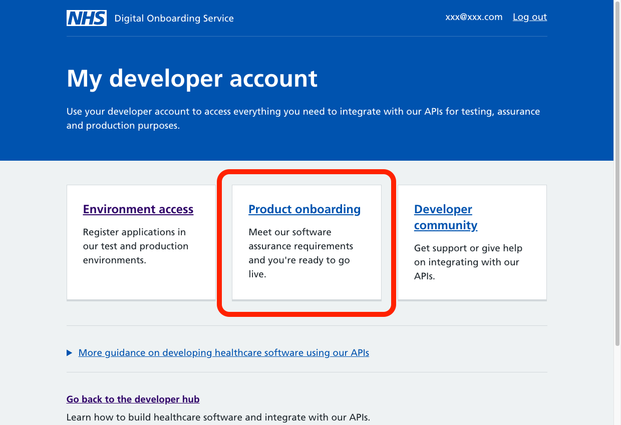 A screenshot of the 'My developer account' page. It has links to 'Environment access', 'Product onboarding' and 'Developer community'. The 'Product onboarding' link is emphasised with a red border.