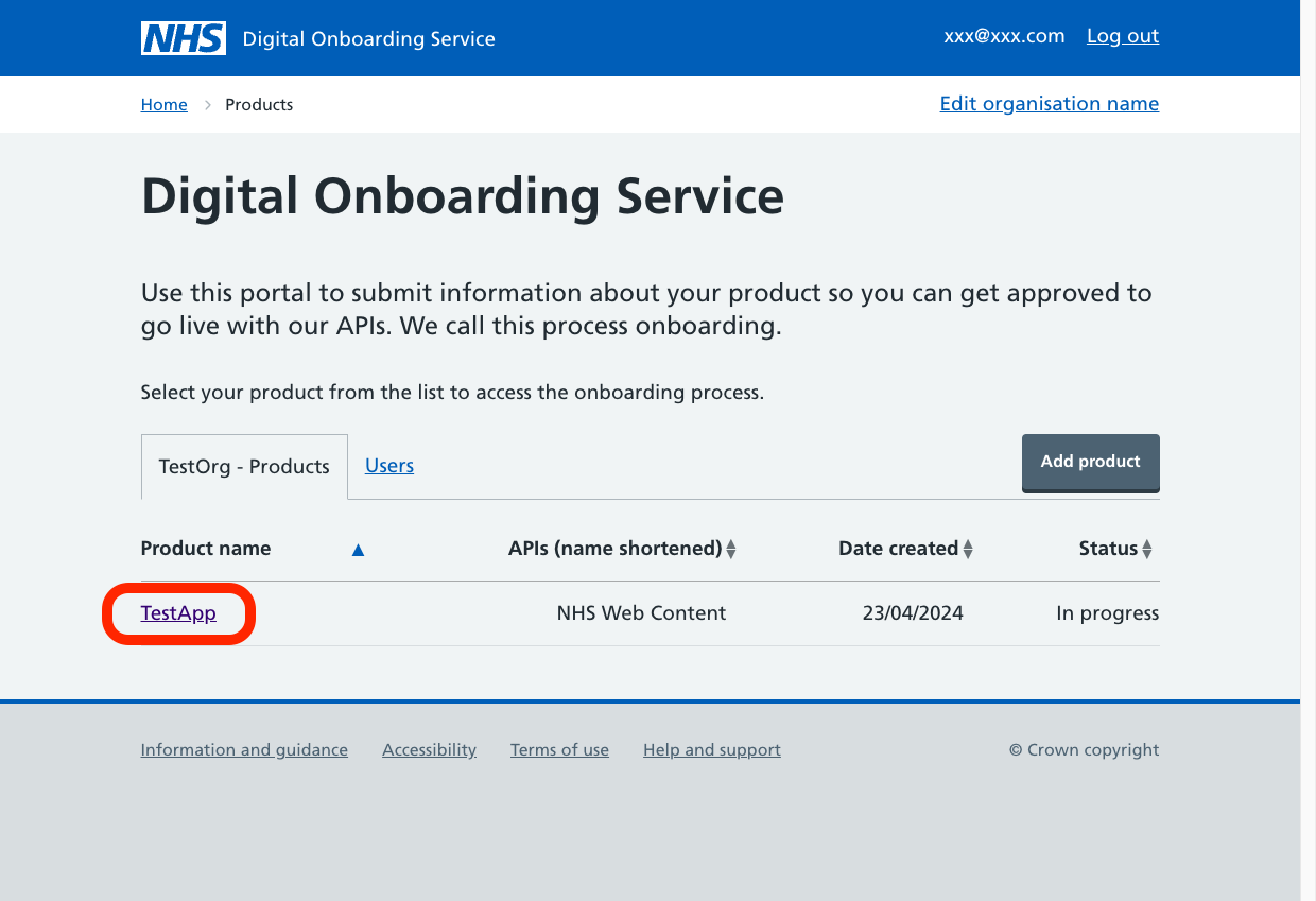 A screenshot of the 'Digital Onboarding Service' page, with text reading 'Select your product from the list below to access the onboarding process for that product' and a table with two tabs - one with your organisation name and one titled 'Users'. The tab with your organisation name is selected and the Product name you have entered is emphasised with a red border