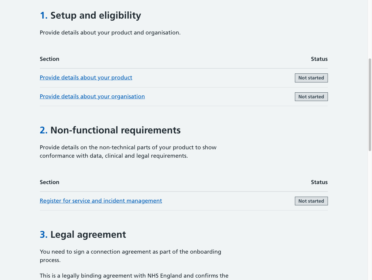 A screenshot of the Digital Onboarding page. There are three headings: '1. Setup and eligibility', '2. Non-functional requirements', and '3. Technical conformance requirements'. Under each heading is a clickable link to a page to enter further information