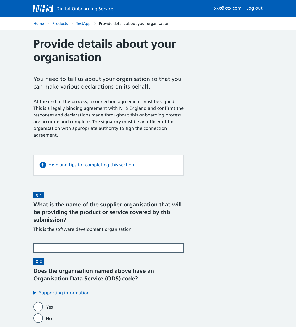 A screenshot of the 'Provide details about your organisation' page