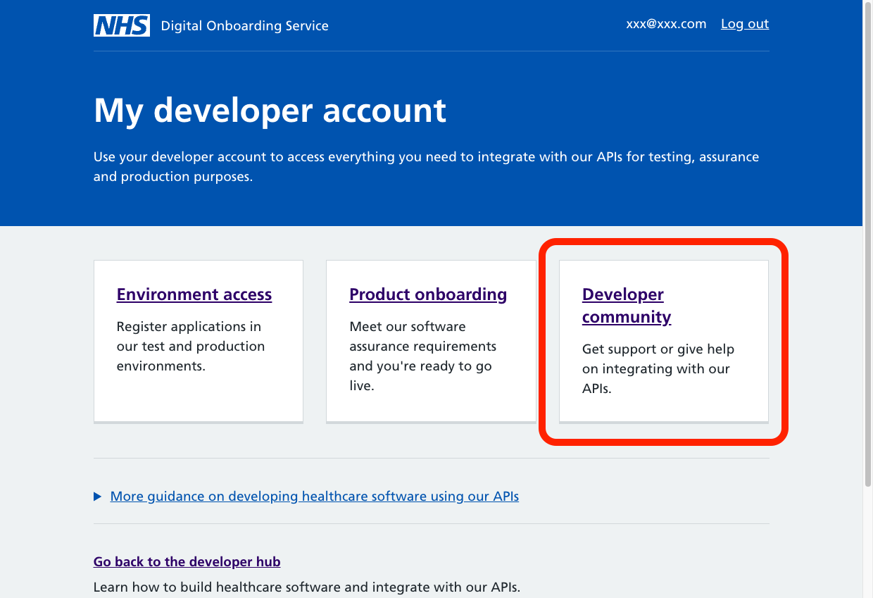 A screenshot of the 'My developer account' page. There are three links on the page, 'Environment access', 'Product onboarding', and 'Developer community'. The 'Developer community' link is emphasised with a red border