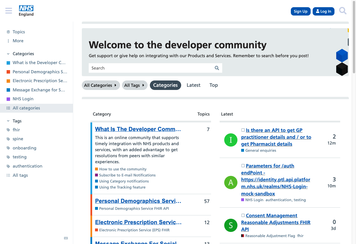 A screenshot of the developer community, showing a list of categories and some posts added by API users.