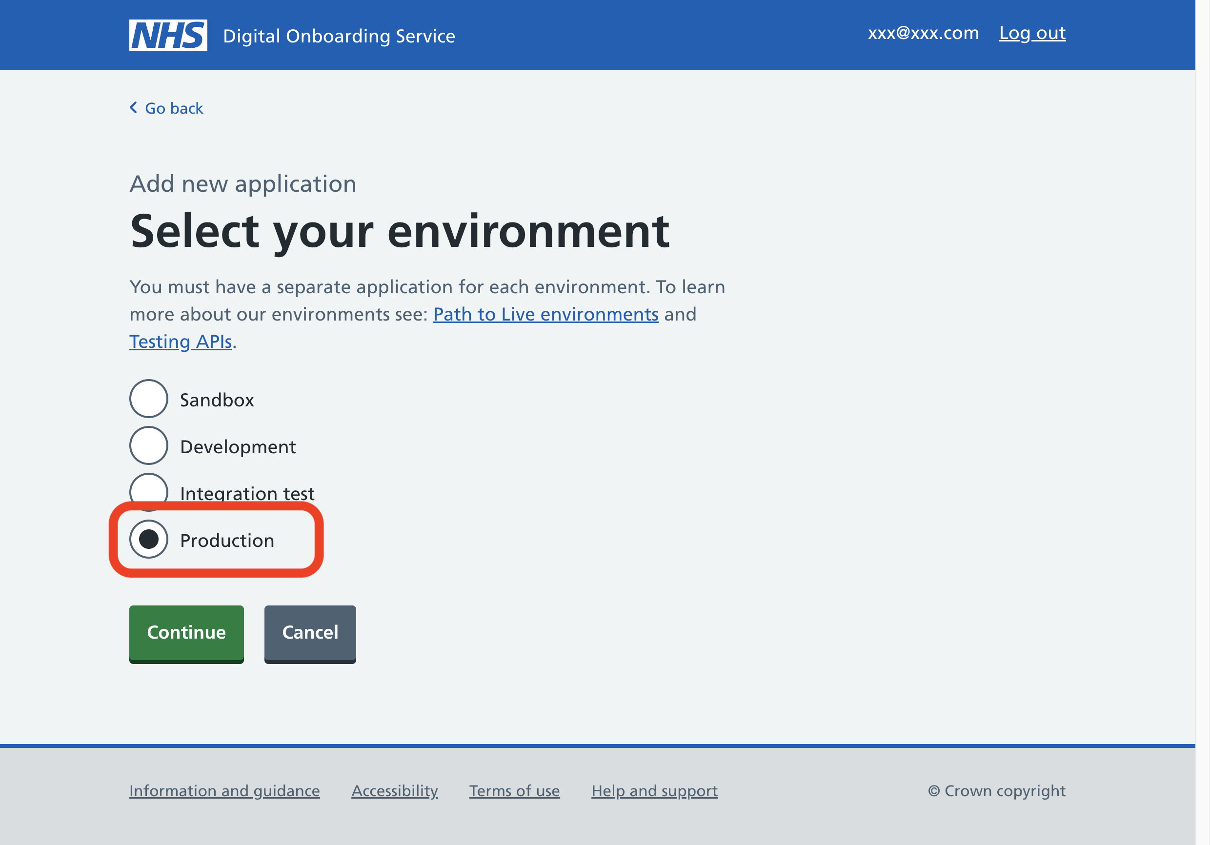 A screenshot of the 'Select your environment' page, the radio button 'Production' is emphasised with a red border