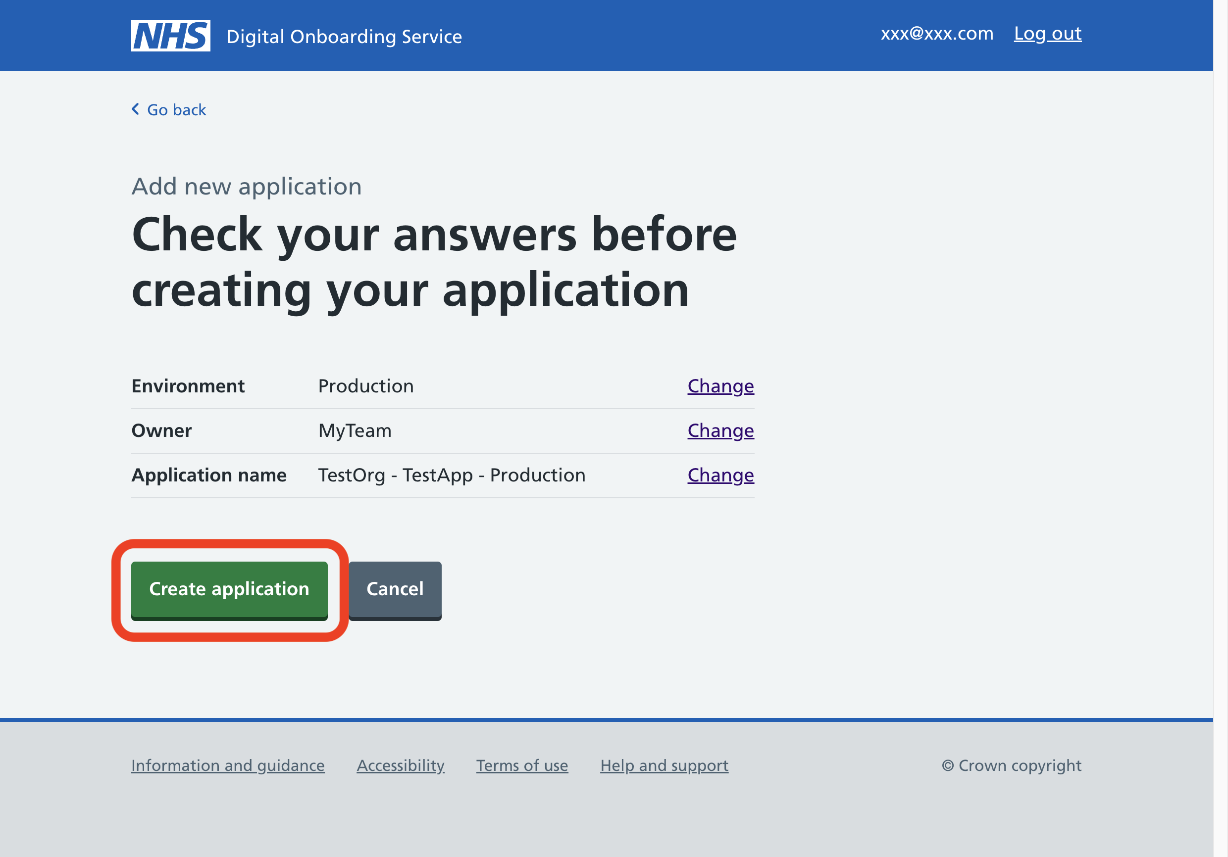 A screenshot of the 'Check your answers before creating your application' page. A table shows the environment, owner and application name that your have selected, then a link to change details.