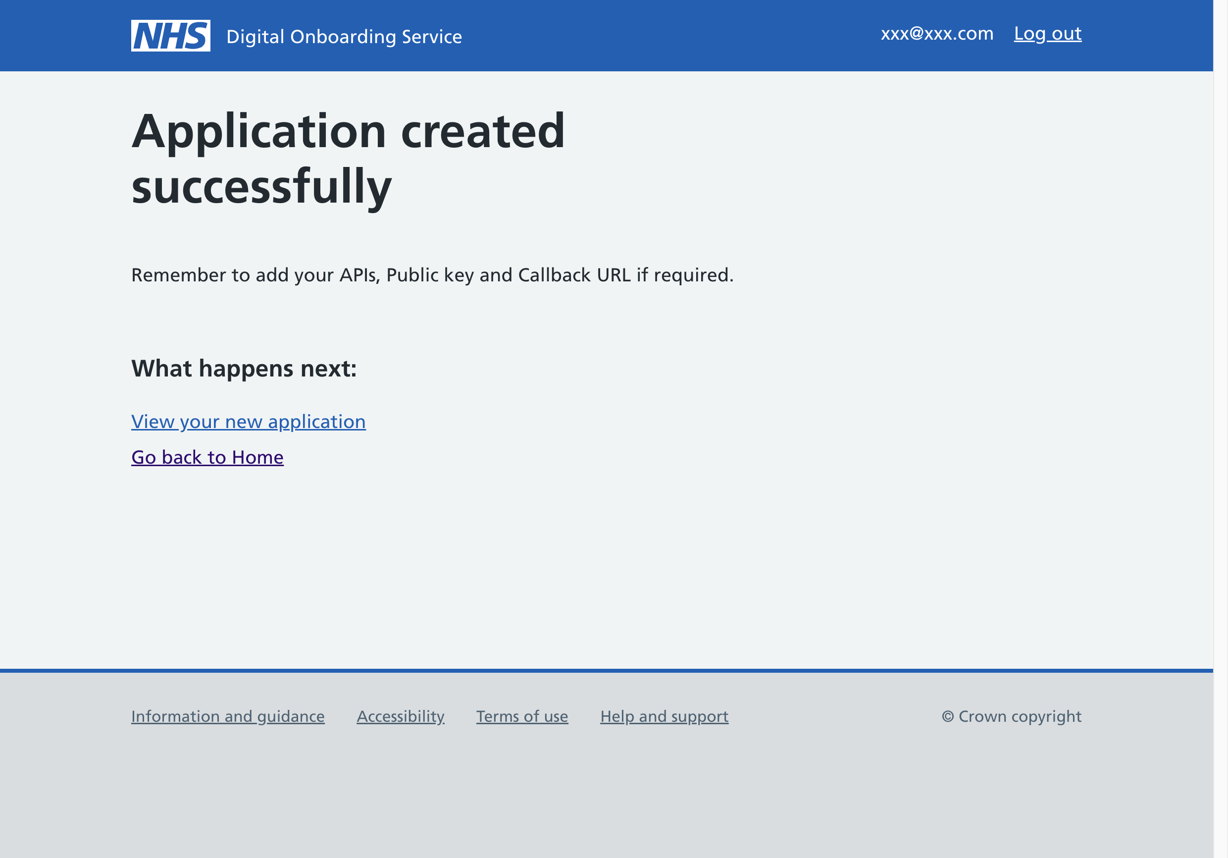 A screenshot of the 'Application created successfully' page