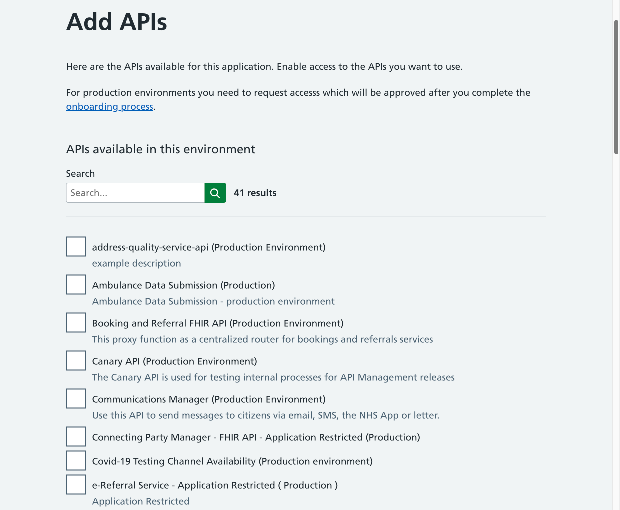 A screenshot of the 'Add APIs' page. There is a list of APIs that can be selected
